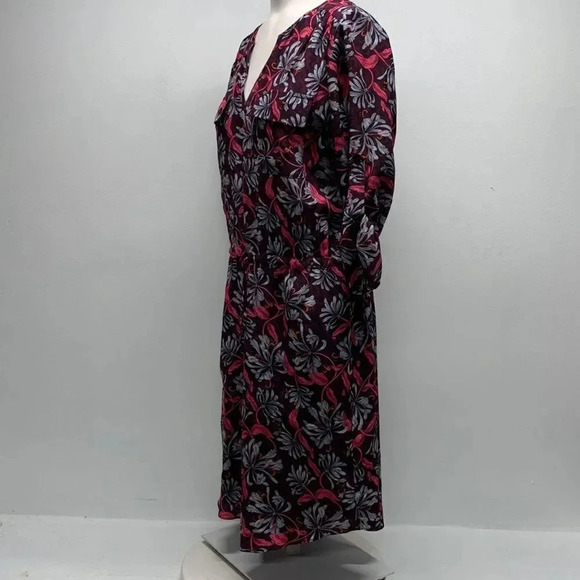Rebecca Taylor Midi Dress Pure Silk Drawstring Waist Pockets Floral Maroon 4  - Picture 7 of 11